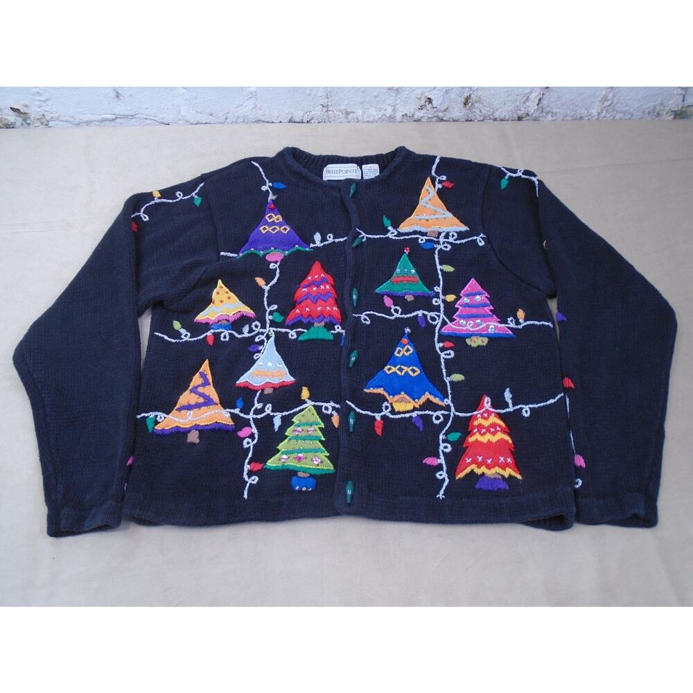 Bellepointe Womens Large Holiday Sweater Button Up Top Christmas Trees Lightbulb